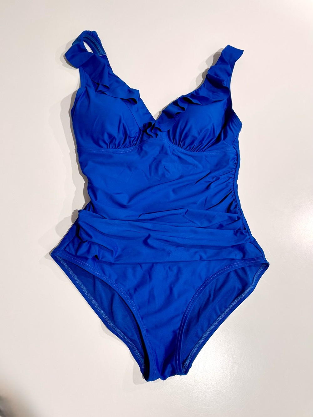 DKNY Royal Blue Flattering Side-Ruched One-Piece Swimsuit with Ruffle Straps, M